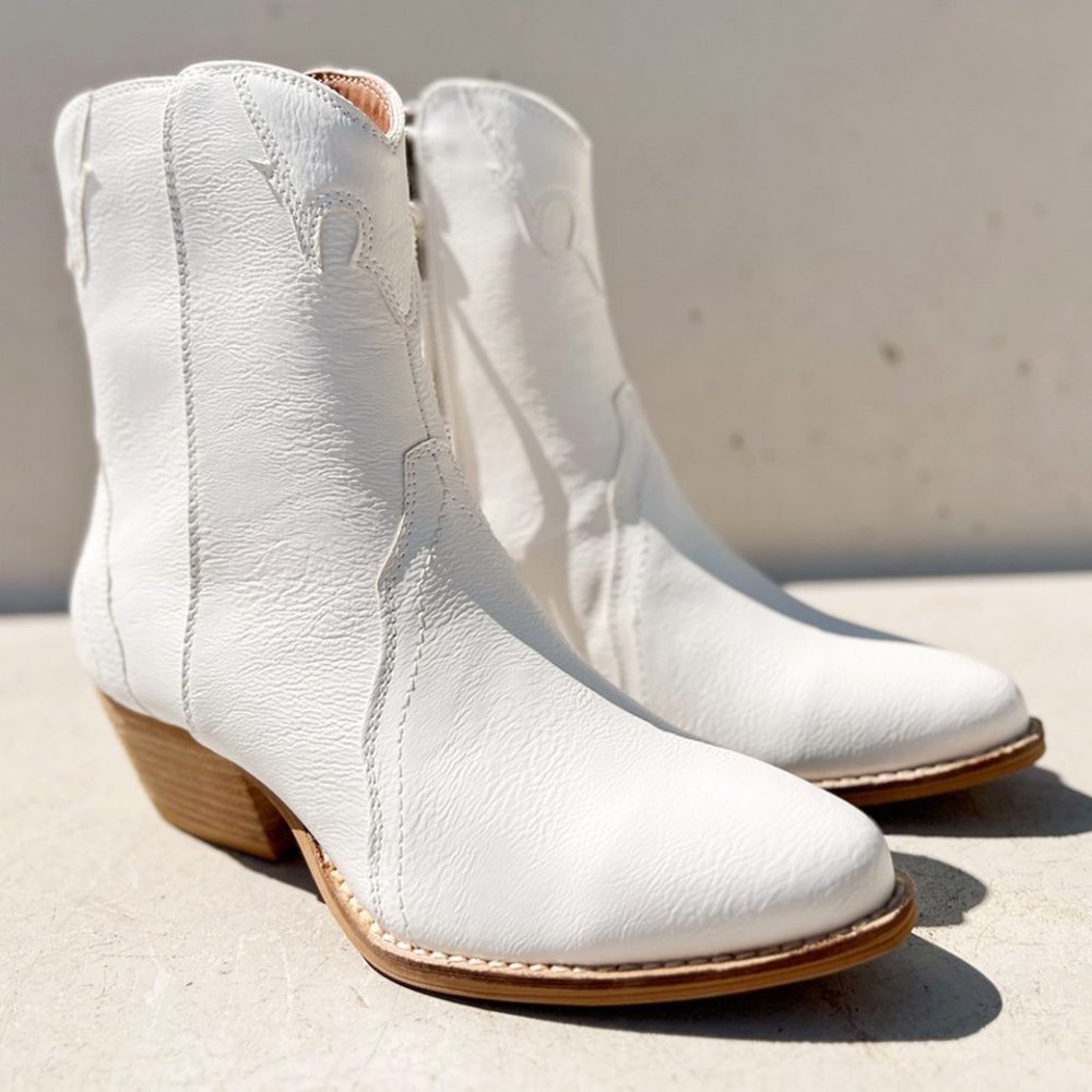 NEW Pointy Toe Stack Block Heel Zip Up Western Ankle Booties Boots Off White - Picture 5 of 16